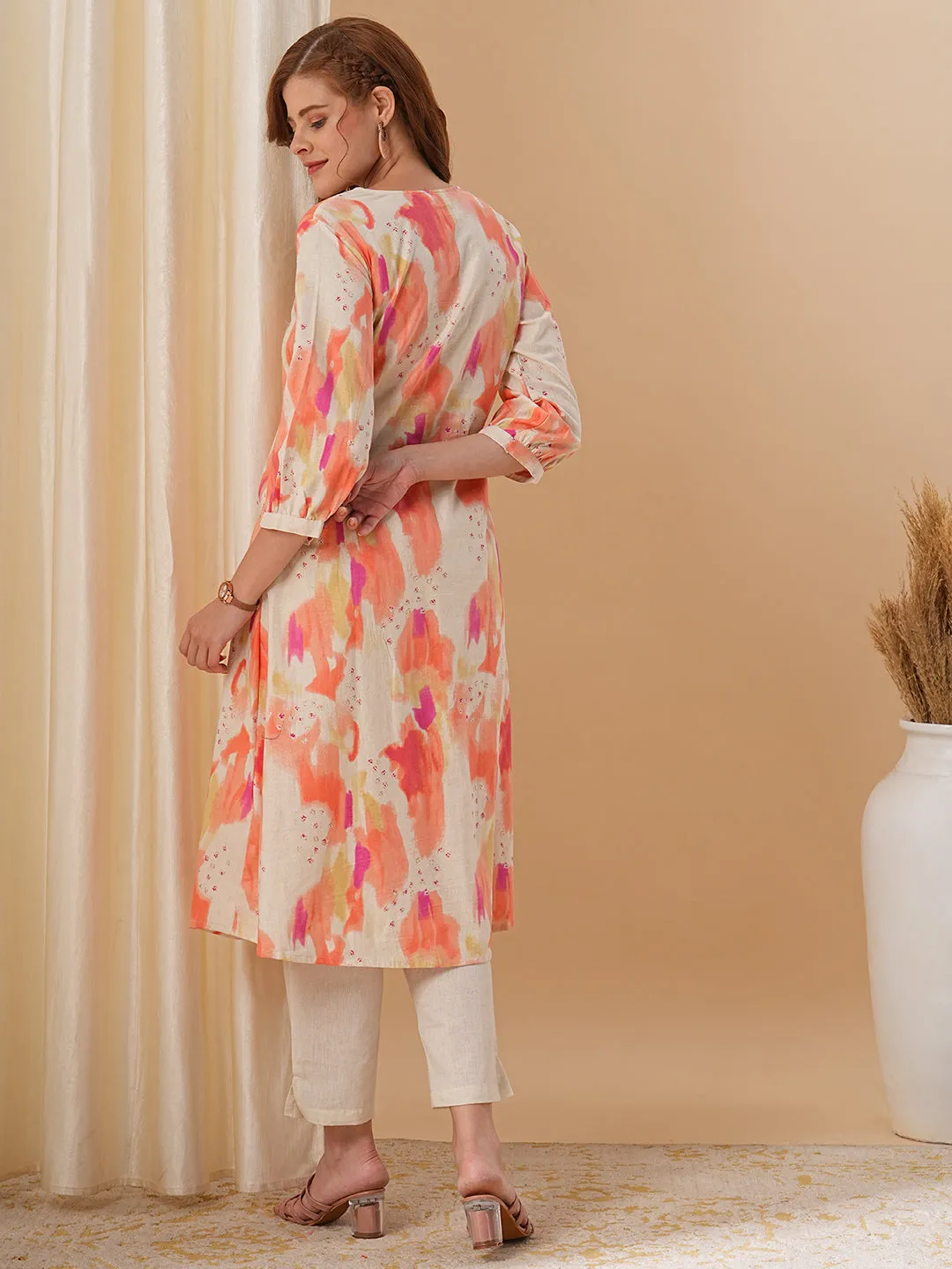 Abstract Printed A-Line Flared Kurta with Pant - Peach