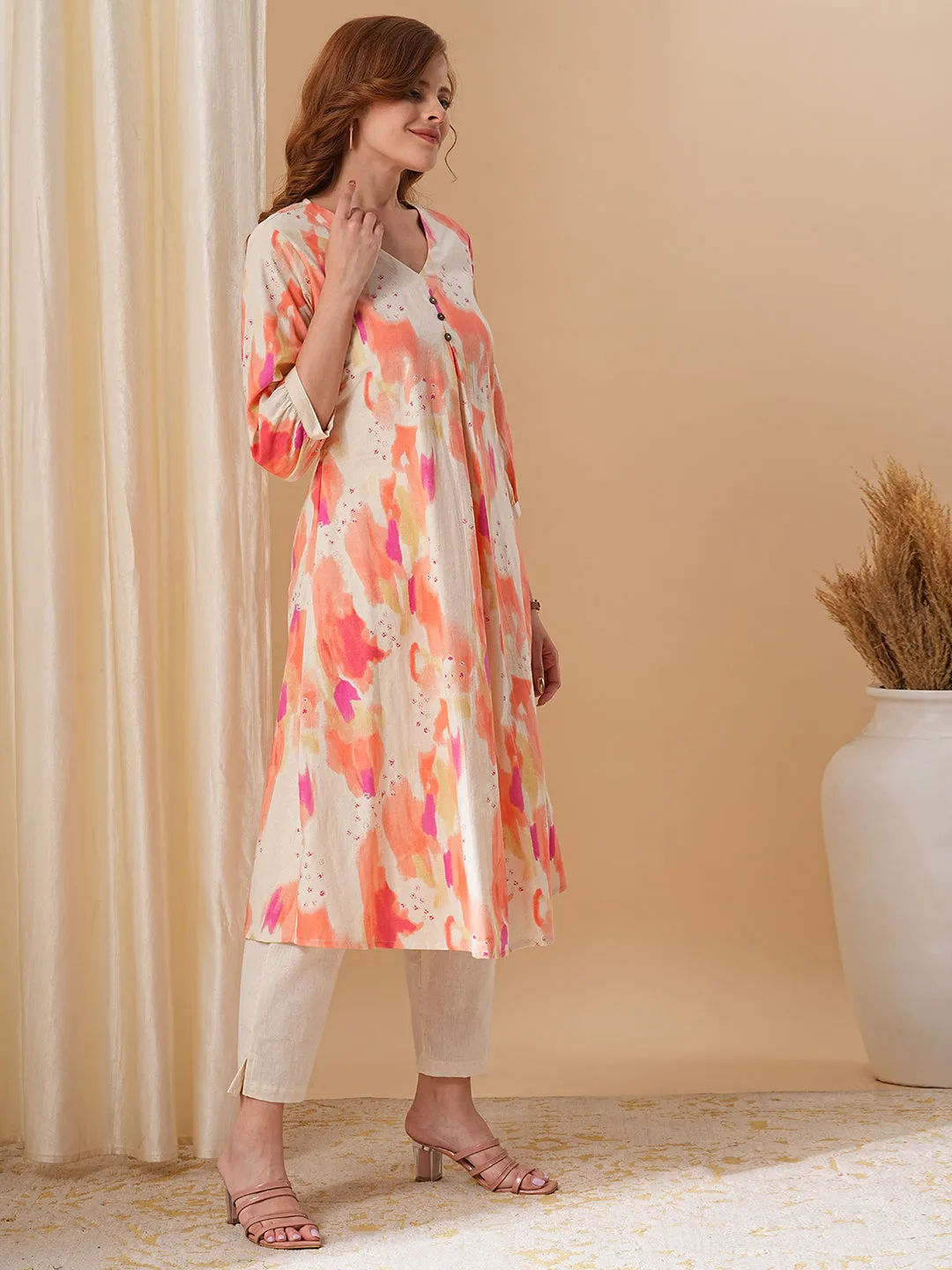 Abstract Printed A-Line Flared Kurta with Pant - Peach