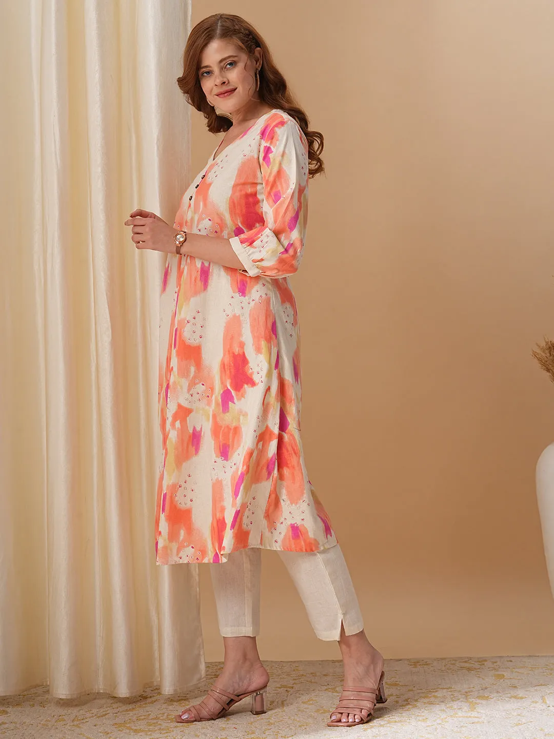 Abstract Printed A-Line Flared Kurta with Pant - Peach