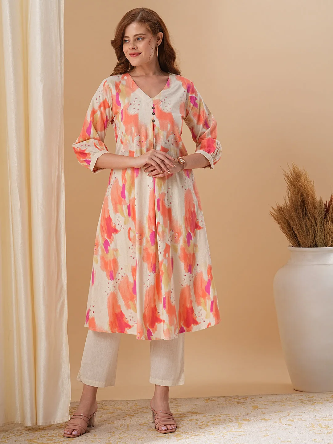 Abstract Printed A-Line Flared Kurta with Pant - Peach