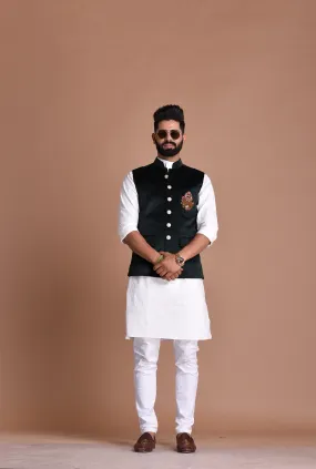 Aesthetic Hand-Embroidered Royal Horse Velvet Jodhpuri Half Jacket with White Kurta Pajama Set | Dark Green Color | Free Personalization |