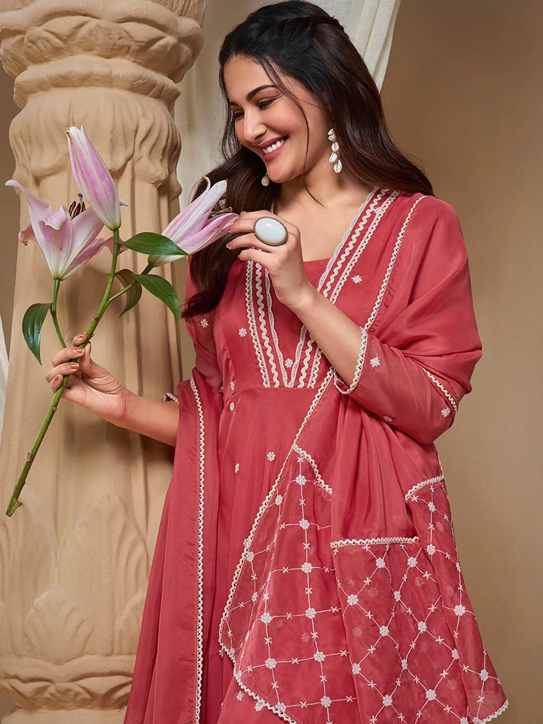 Amyra Dastur Rust Floral Embroidered Empire Thread Work Anarkali Kurta with Trousers & Dupatta