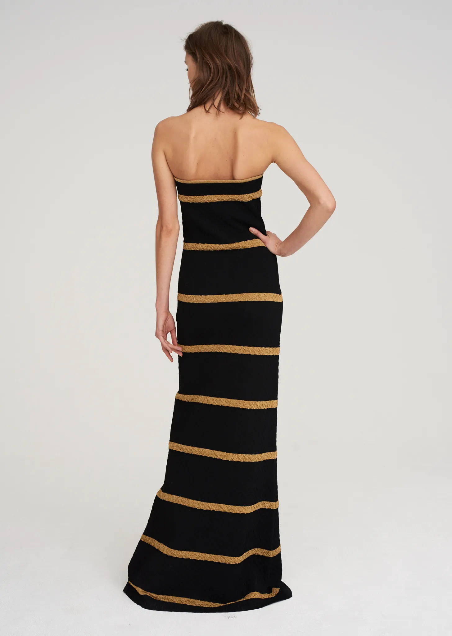 Aubrey - Strapless Black Tie Gowns, Geometric Maxi Dress