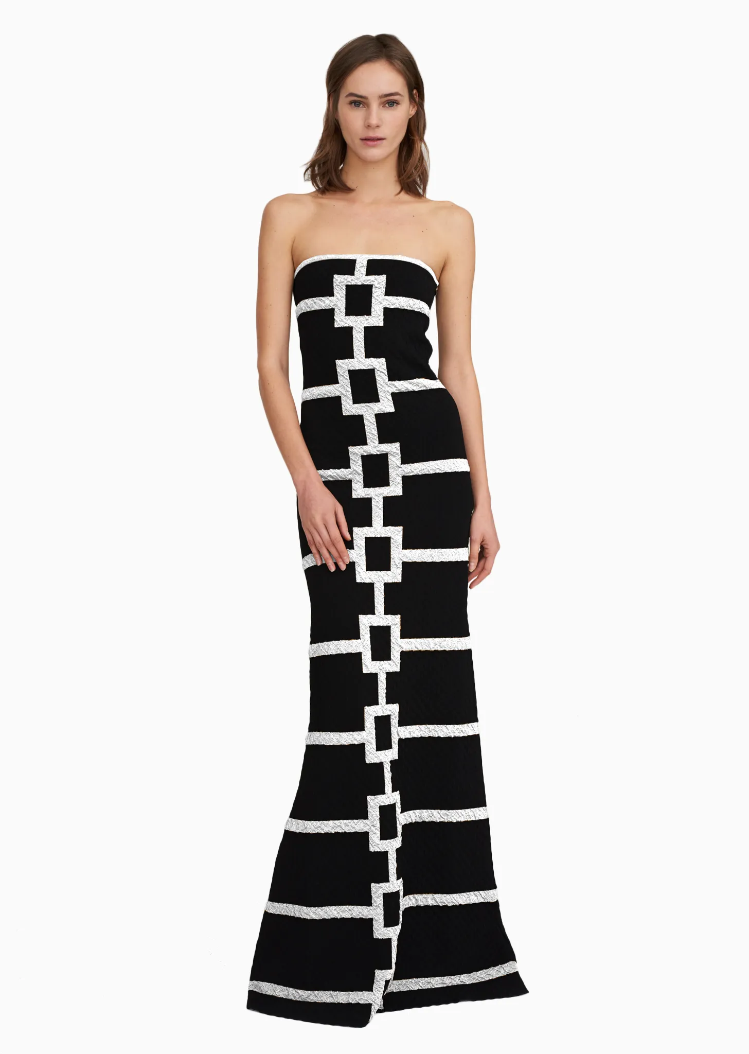 Aubrey - Strapless Black Tie Gowns, Geometric Maxi Dress