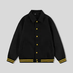 Black Byron Collar Wool & Leather Varsity Jacket With Gold Stripes - Jack N Hoods