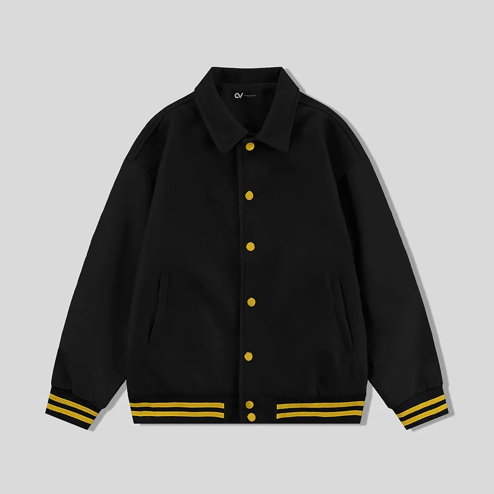 Black Byron Collar Wool & Leather Varsity Jacket With Gold Stripes - Jack N Hoods