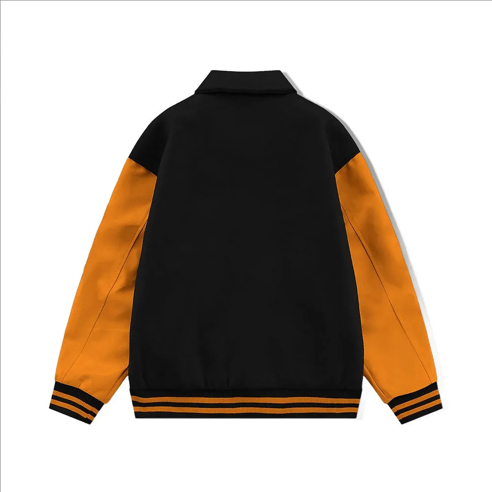 Black Byron Collar Wool & Leather Varsity Jacket with Orange Sleeves - Jack N Hoods