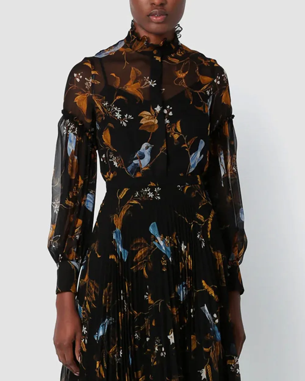 Black Cecilia Birds Full Sleeve Ruffle Blouse