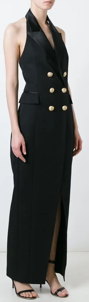 Black Double-Breasted Sleeveless Waistcoat Dress