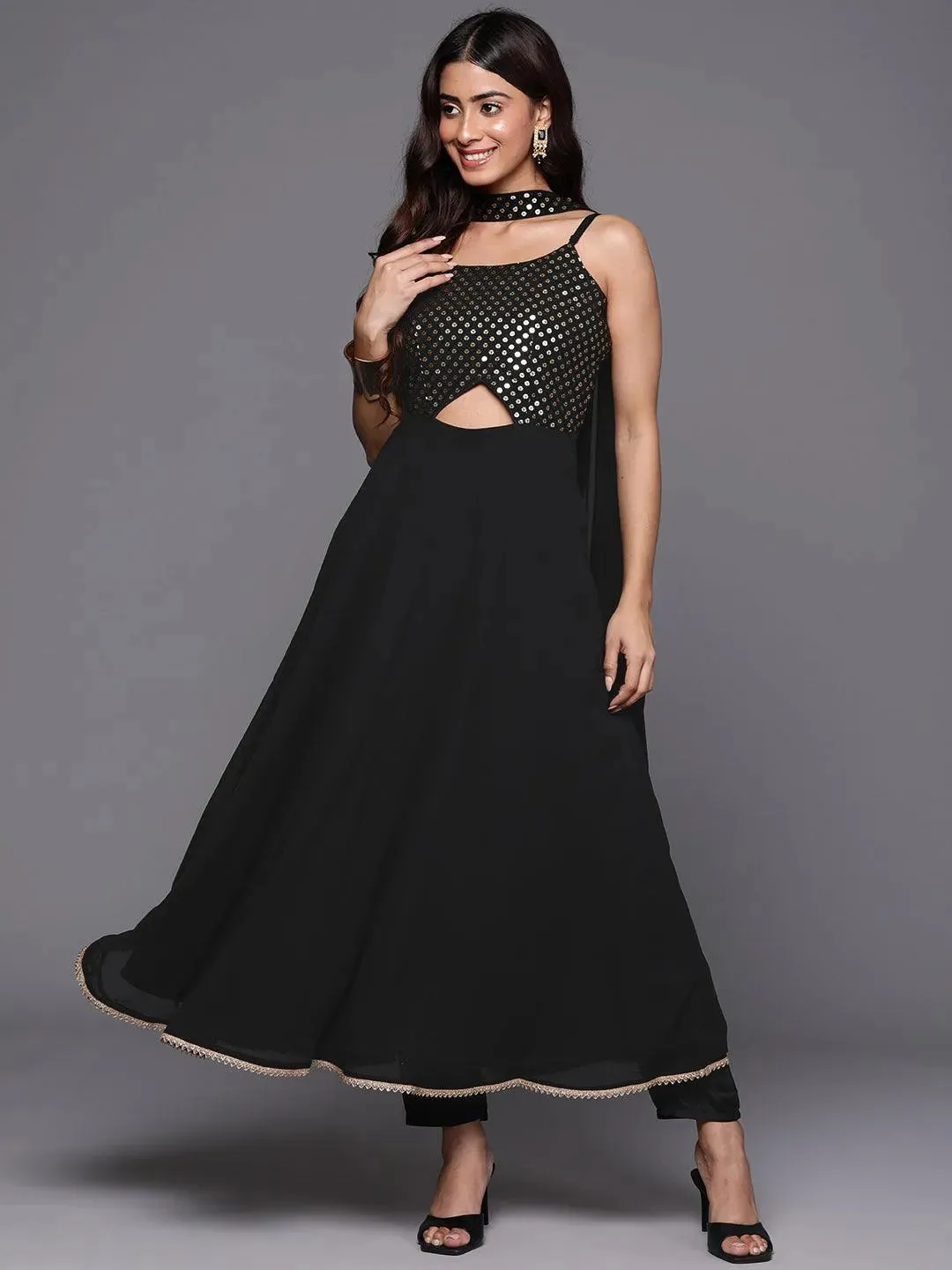 Black Embroidered Georgette A-Line Kurta With Trousers & Dupatta