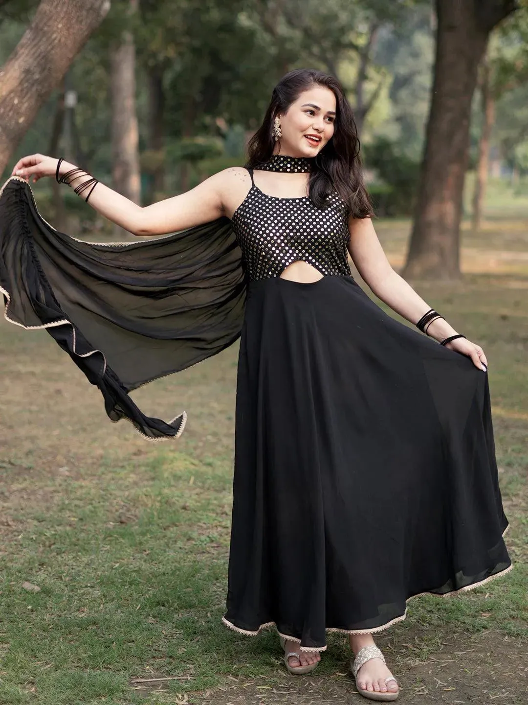 Black Embroidered Georgette A-Line Kurta With Trousers & Dupatta