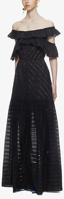 Black Embroidered Stripe Maxi Dress