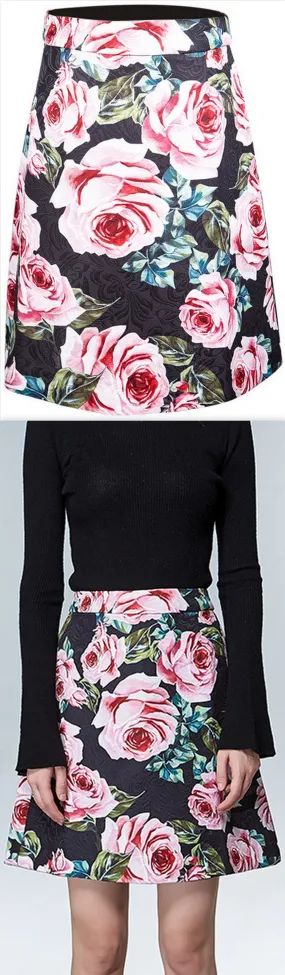 Black Jacquard Rose-Print Mini-Skirt