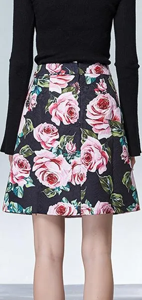 Black Jacquard Rose-Print Mini-Skirt