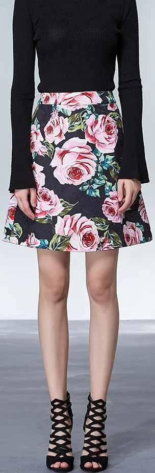 Black Jacquard Rose-Print Mini-Skirt