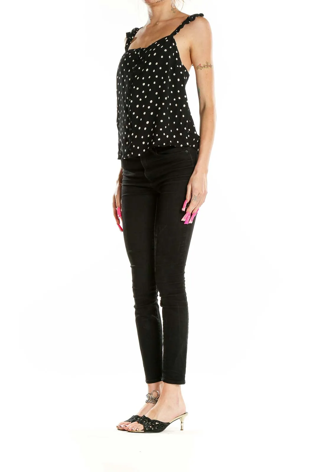 Black Polka Dot Ruffle Strap Tank Top