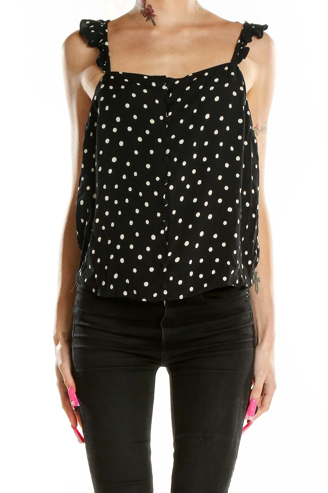 Black Polka Dot Ruffle Strap Tank Top