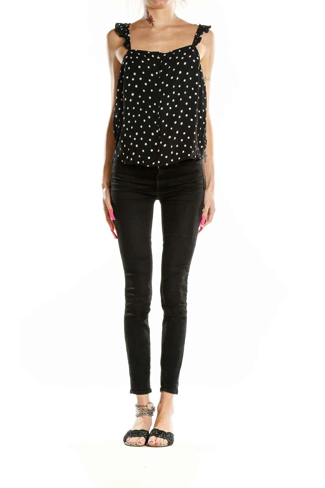 Black Polka Dot Ruffle Strap Tank Top