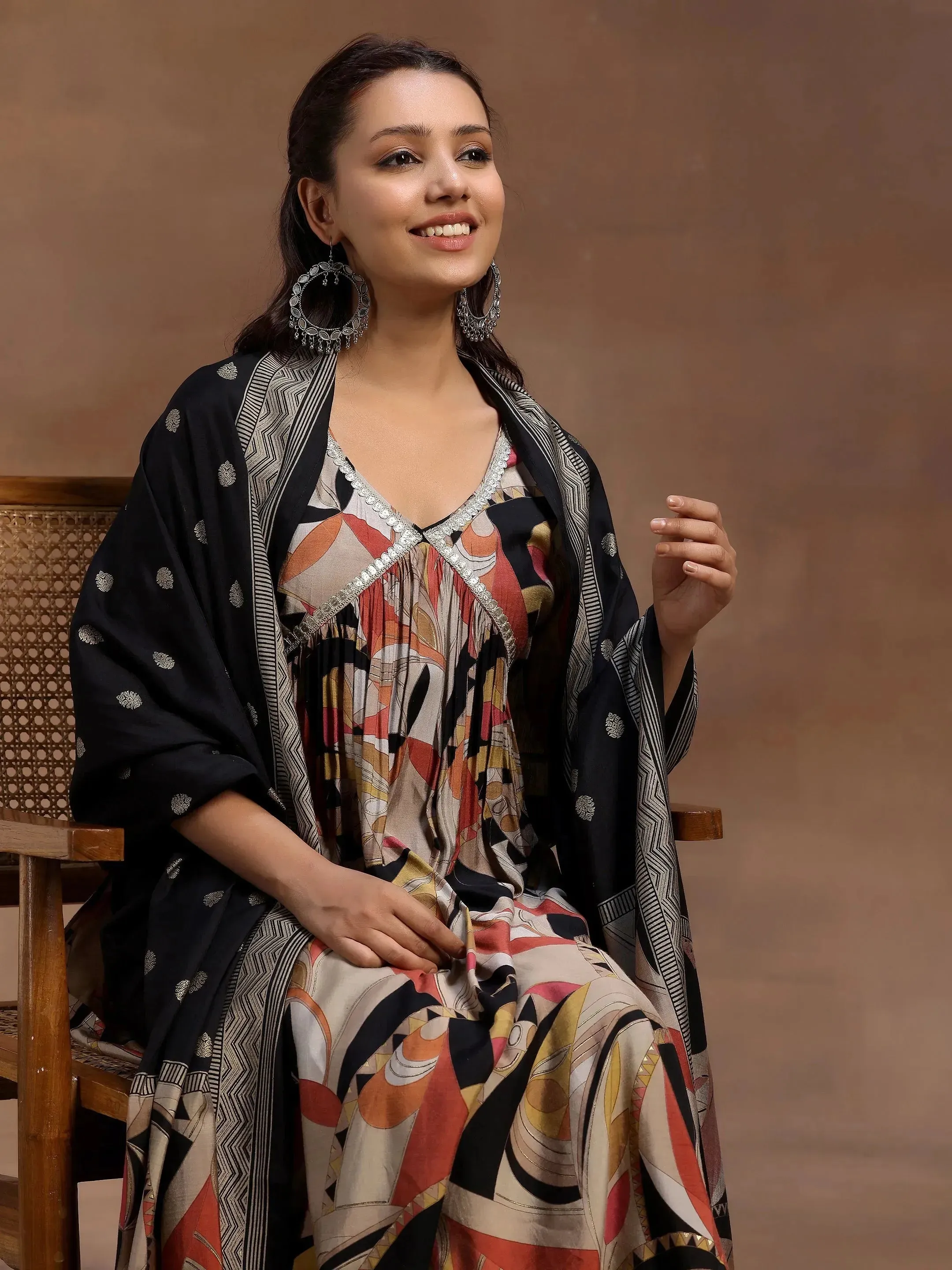 Black Printed Silk Blend A-Line Kurta With Trousers & Dupatta