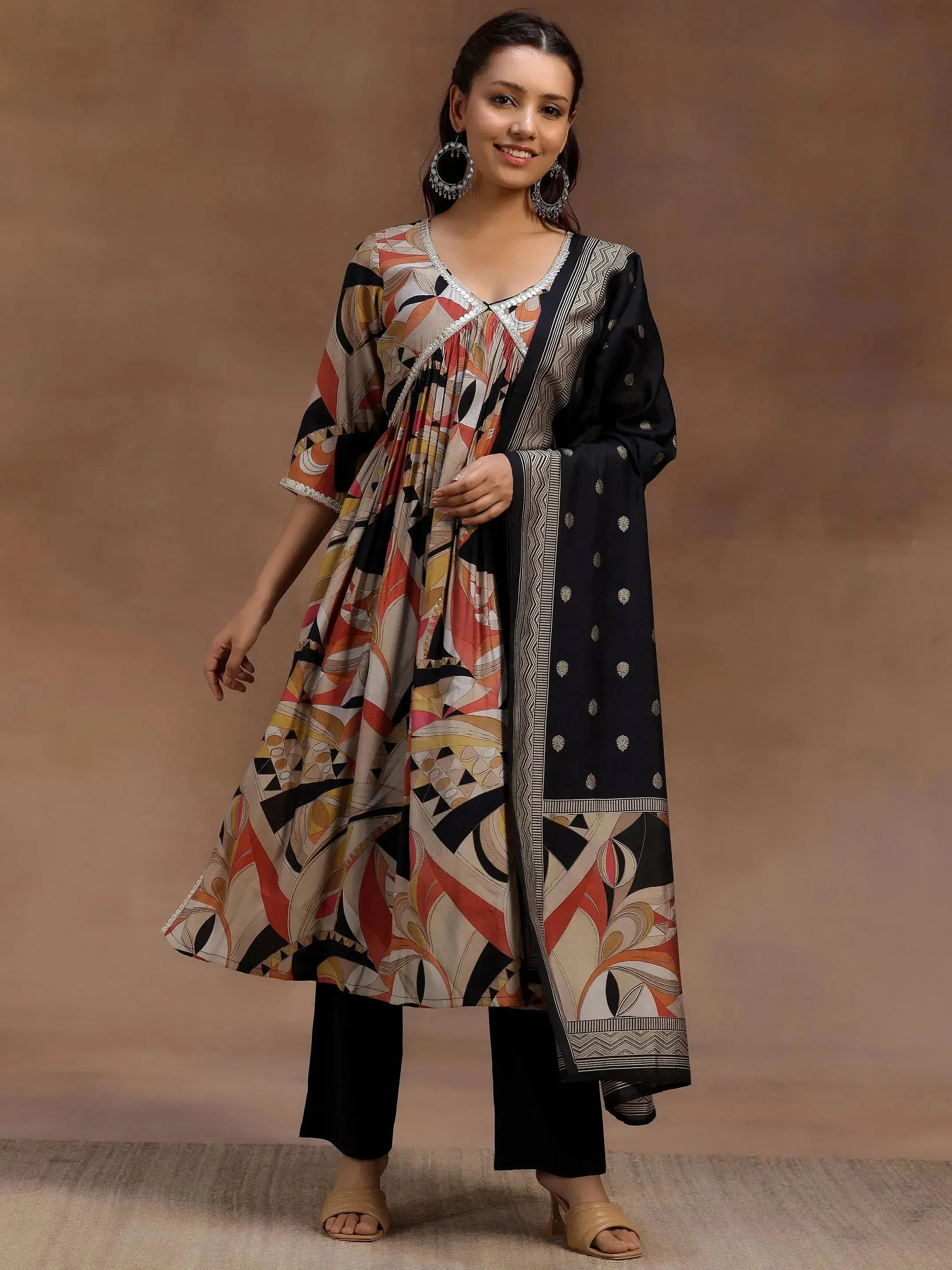 Black Printed Silk Blend A-Line Kurta With Trousers & Dupatta