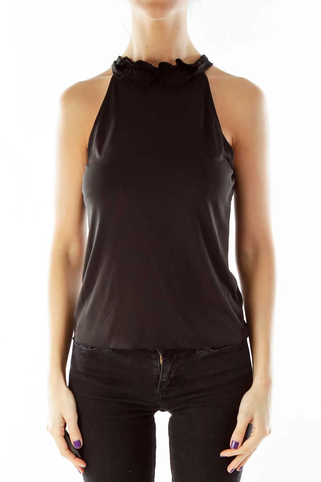 Black Ruffle Neck Sleeveless Blouse