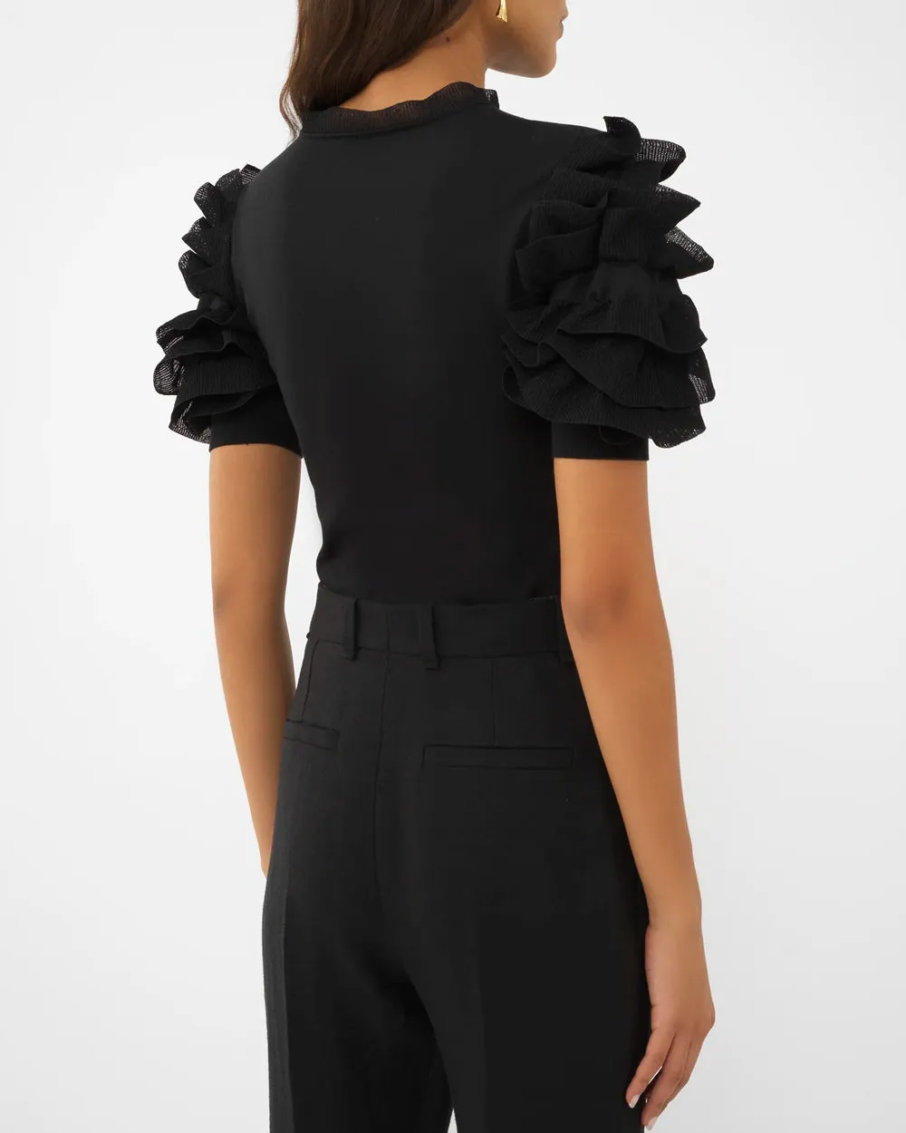 Black Short Sleeve Ruffle Knit Top