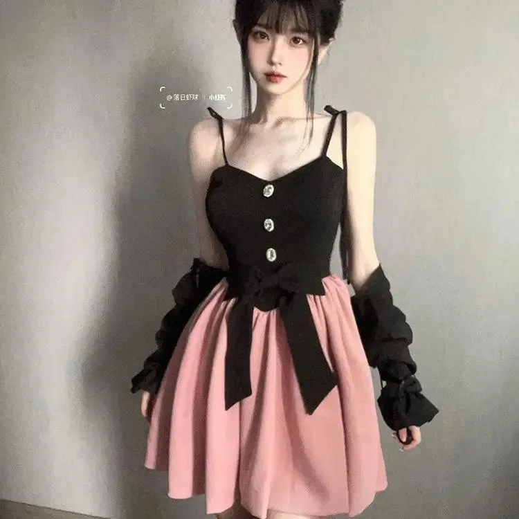 Bonnyshow Y2k Black Long Sleeve Cardigans Women  Fashion Sweet Slim Waist Bow Strap Dresses   Autumn New Two Piece Sets