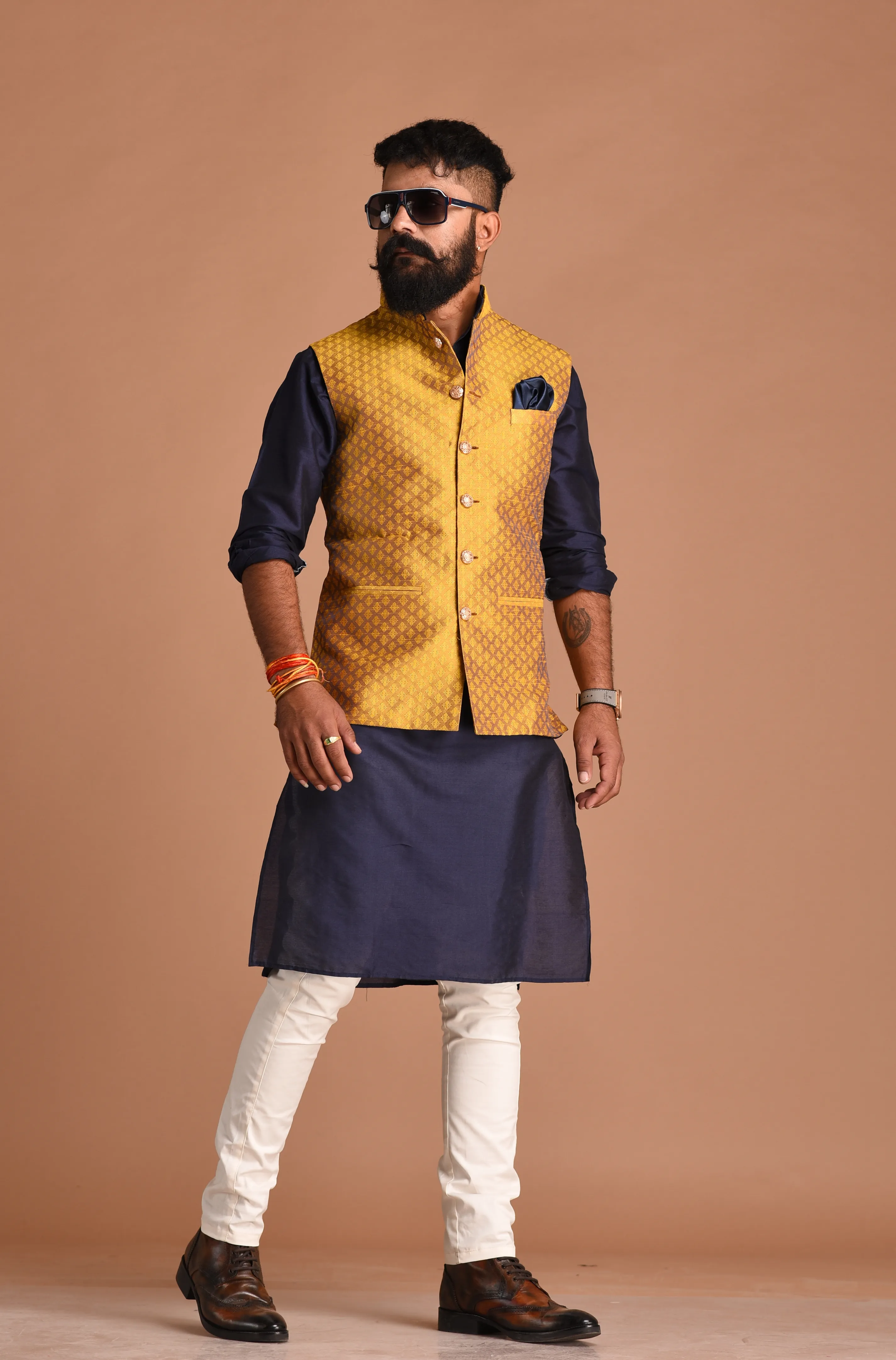 Booti Pattern Golden Brocade Silk Nehru Jacket With Kurta Pajama