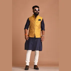 Booti Pattern Golden Brocade Silk Nehru Jacket With Kurta Pajama