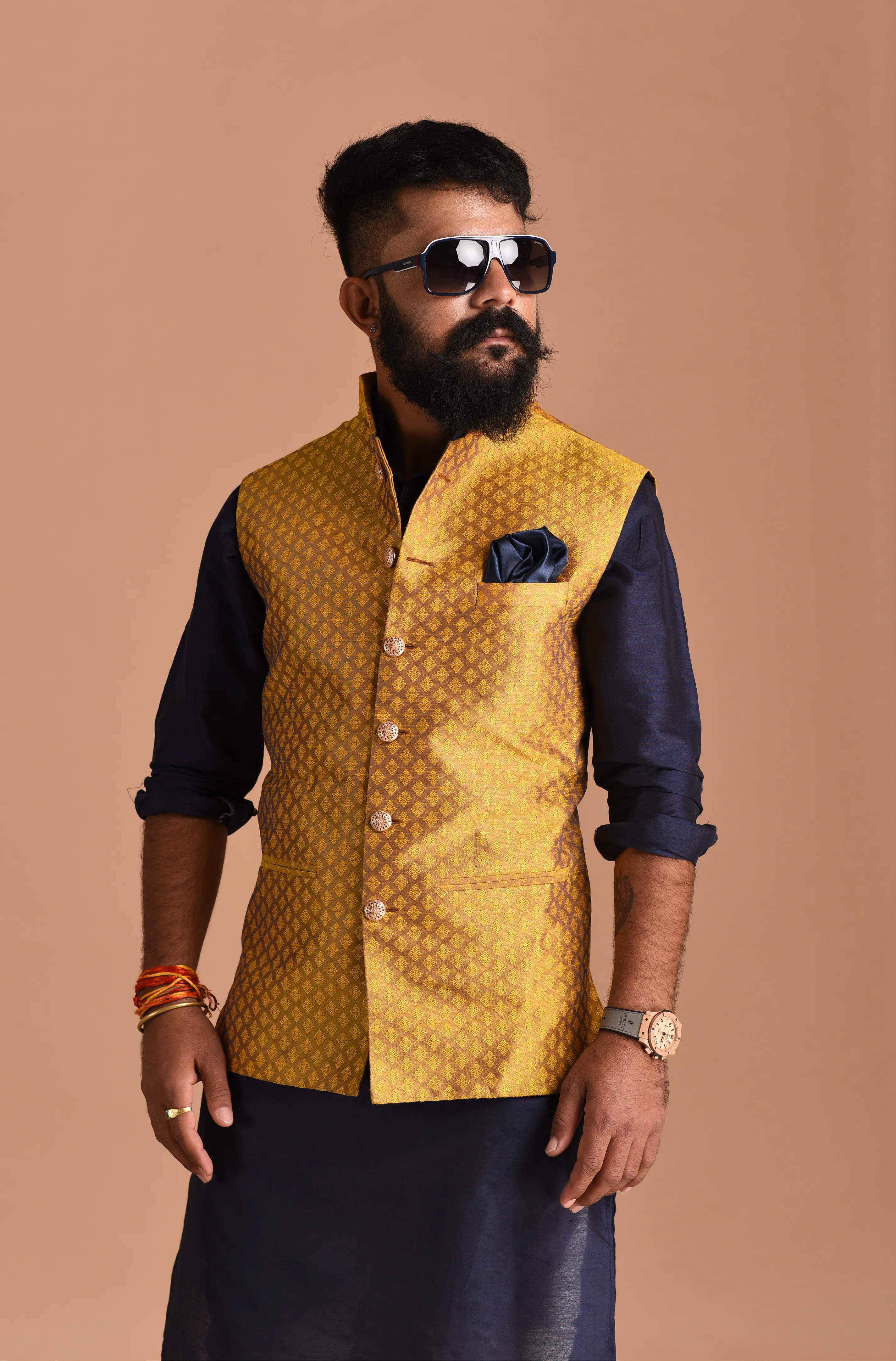 Booti Pattern Golden Brocade Silk Nehru Jacket With Kurta Pajama