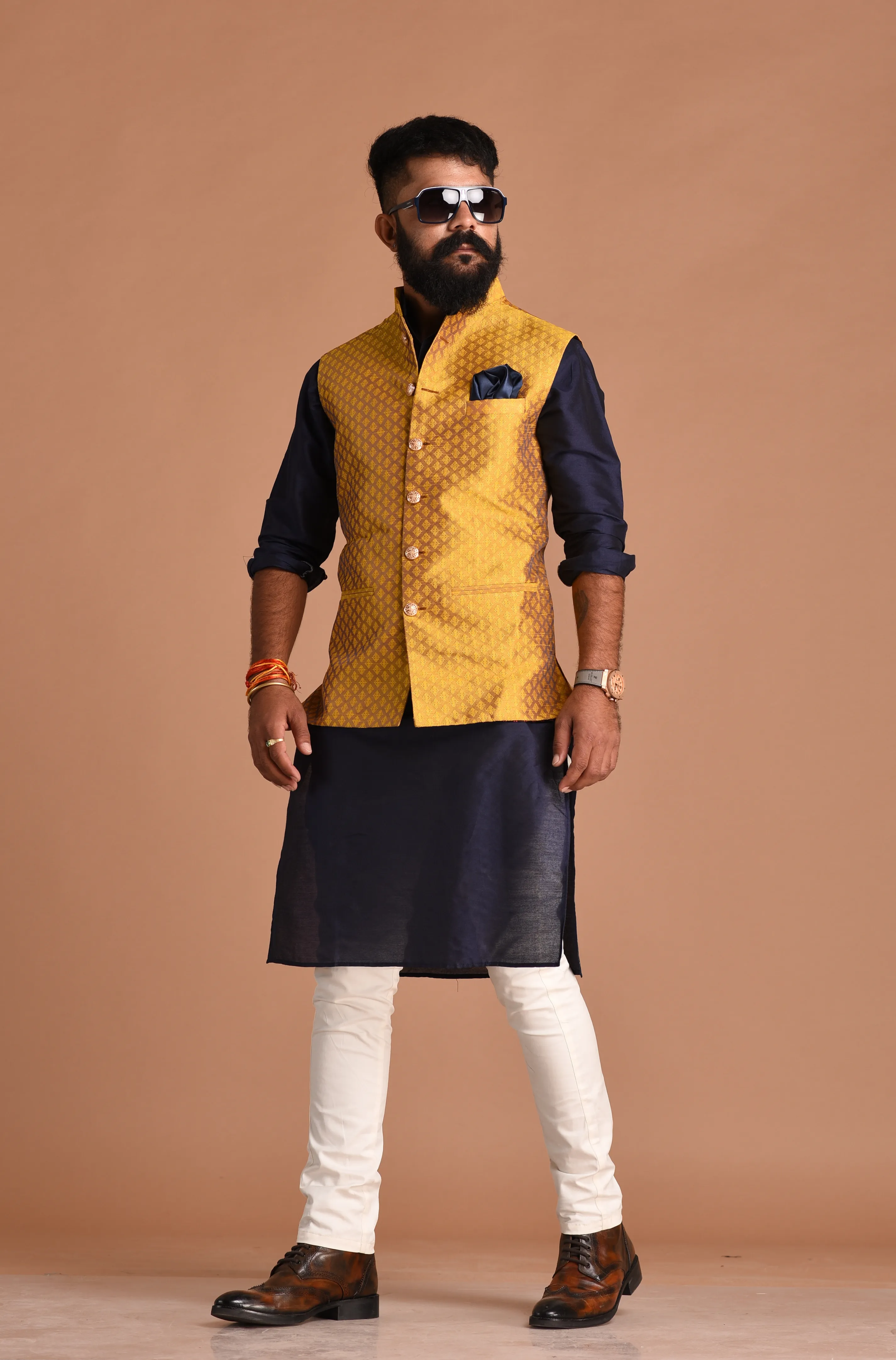 Booti Pattern Golden Brocade Silk Nehru Jacket With Kurta Pajama