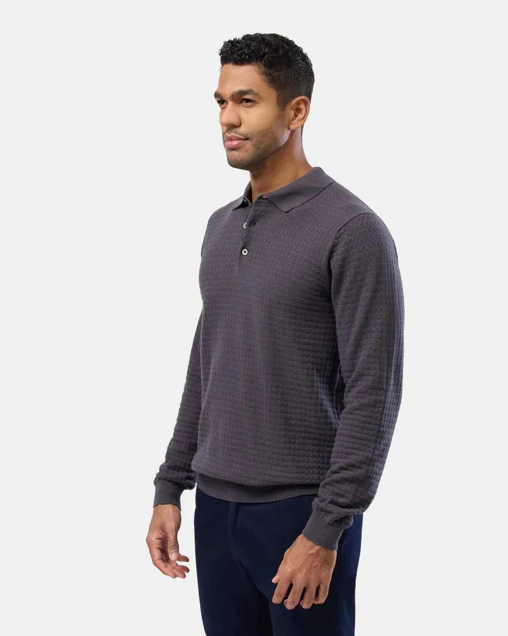 Brooksfield  - Textured L/S Cotton Polo Ash