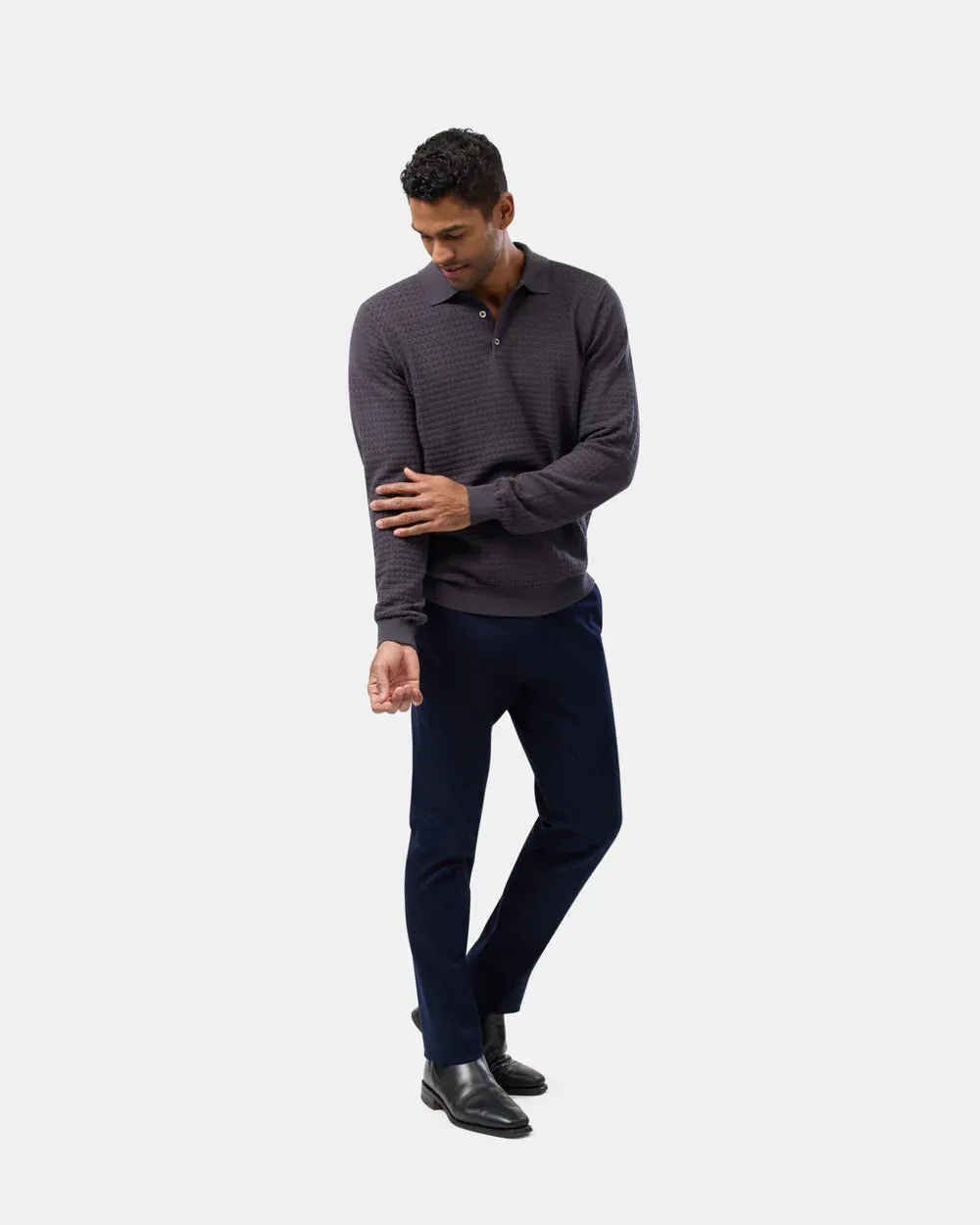 Brooksfield  - Textured L/S Cotton Polo Ash