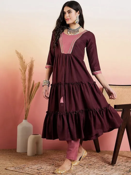 Brown Round Neck High Slit Gotta Patti A-Line Kurta with Trousers