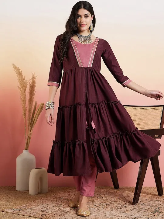 Brown Round Neck High Slit Gotta Patti A-Line Kurta with Trousers