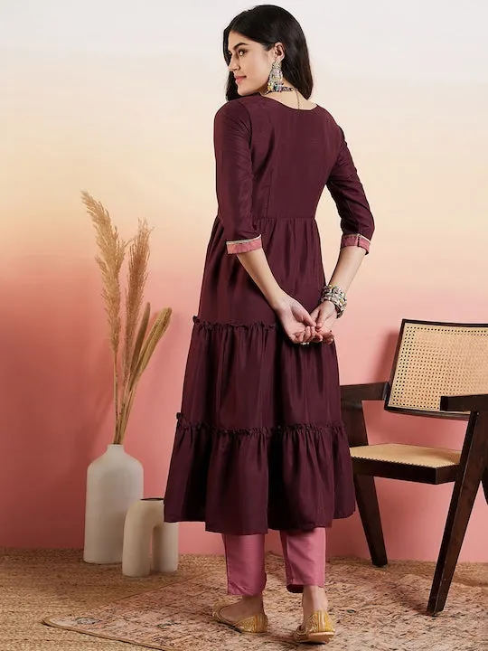 Brown Round Neck High Slit Gotta Patti A-Line Kurta with Trousers