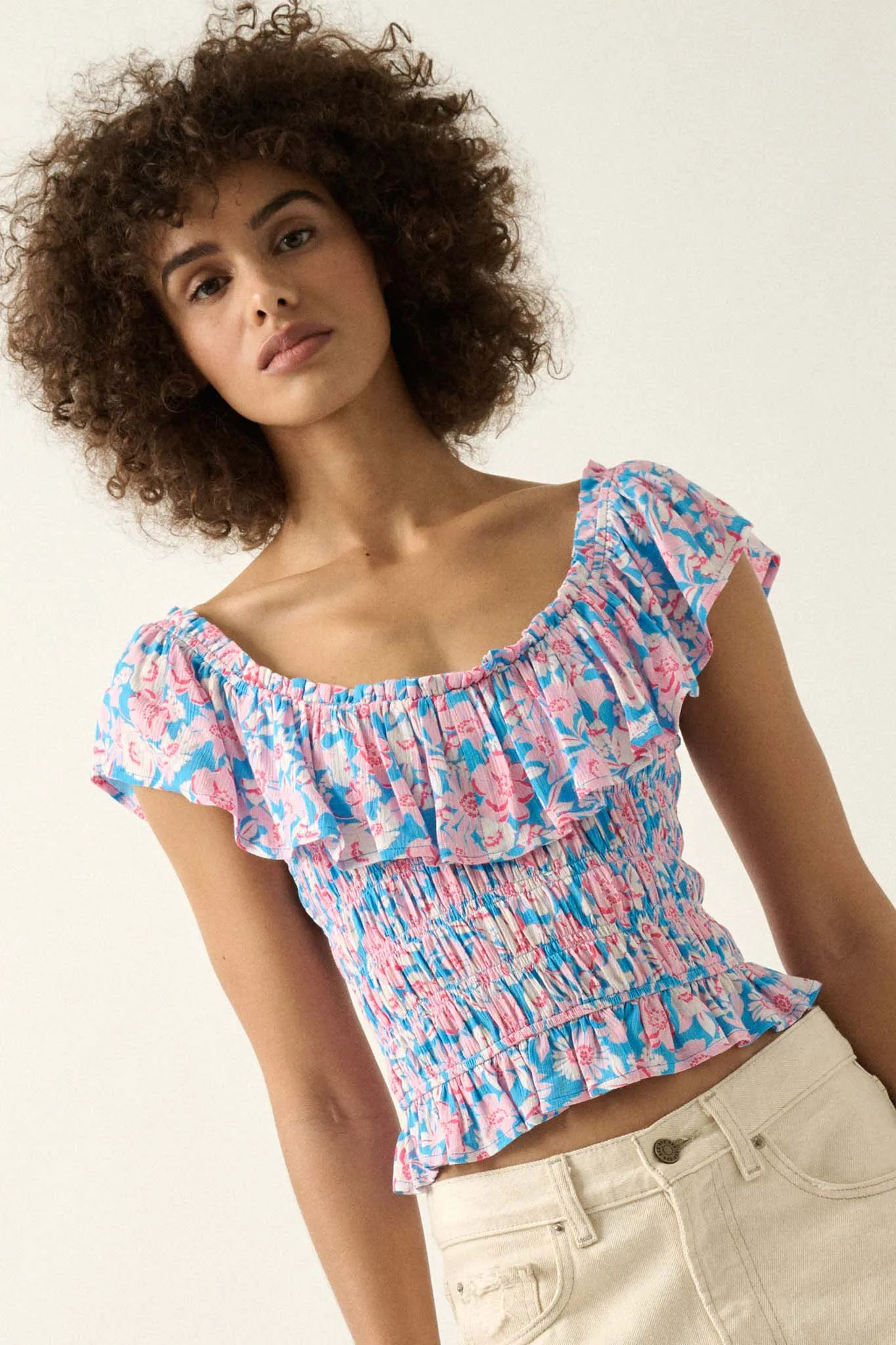 Cannes Coastline Floral Crepe Ruffle Blouse