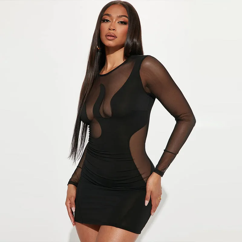 Chic Mesh Panel Long Sleeve Dress