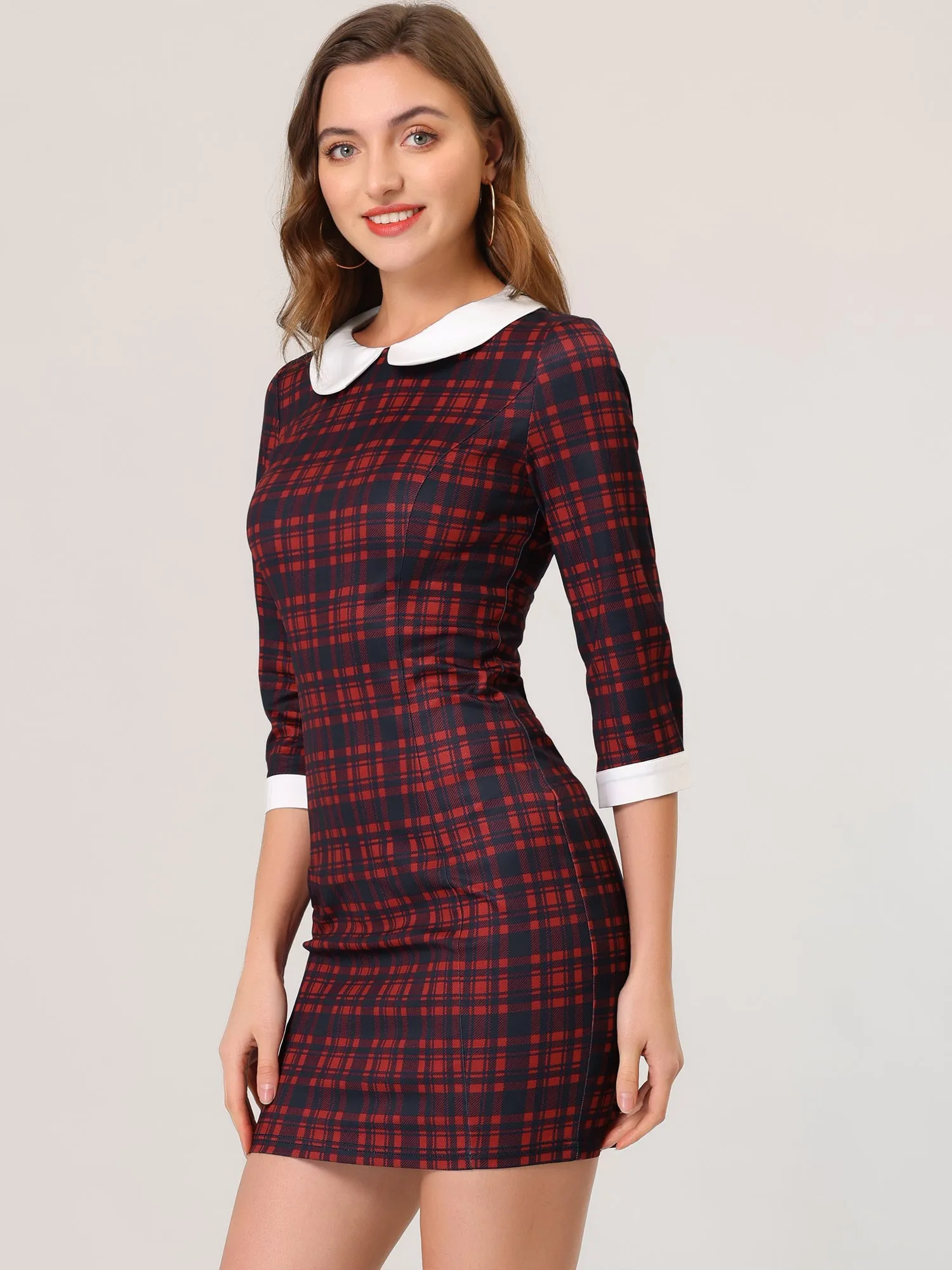 Contrast Peter Pan Collar Keyhole Back Plaid Bodycon Dress