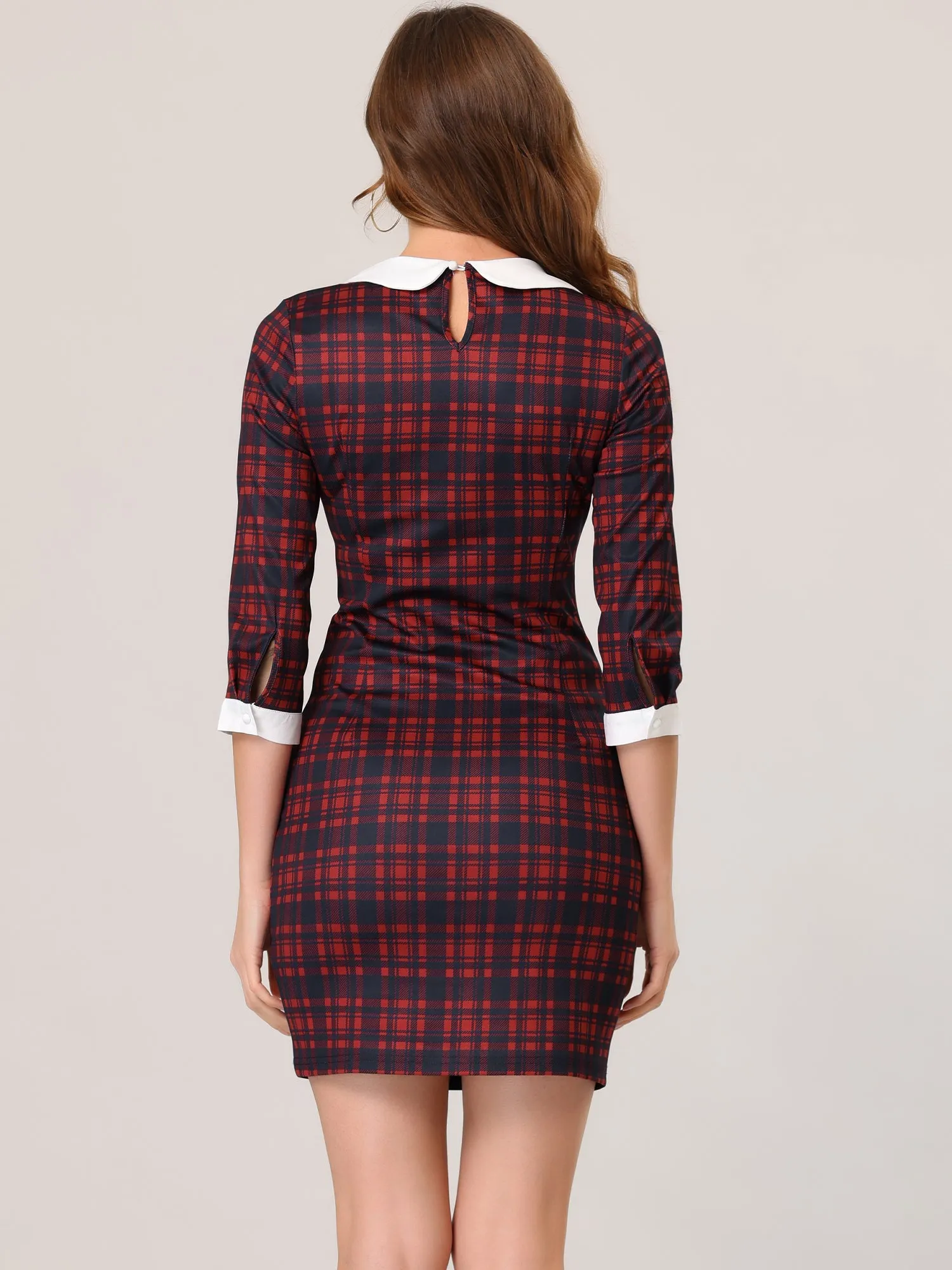 Contrast Peter Pan Collar Keyhole Back Plaid Bodycon Dress