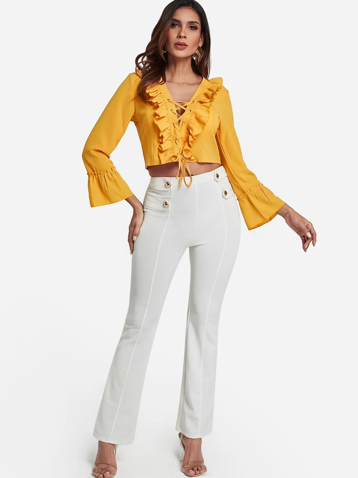 Custom V-Neck Lace-Up Long Sleeve Yellow Blouses