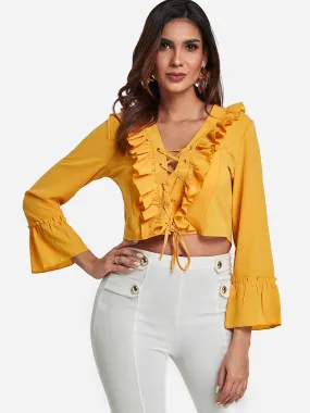 Custom V-Neck Lace-Up Long Sleeve Yellow Blouses