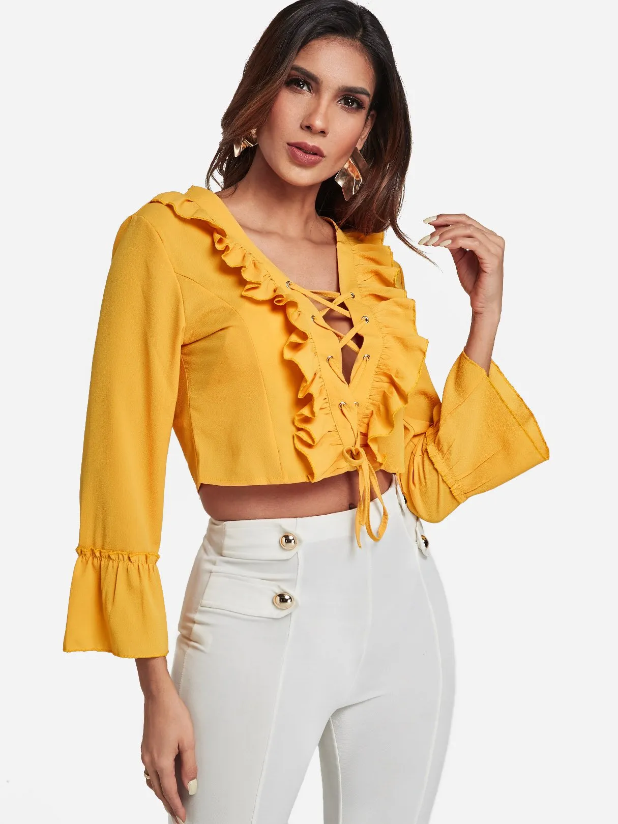 Custom V-Neck Lace-Up Long Sleeve Yellow Blouses