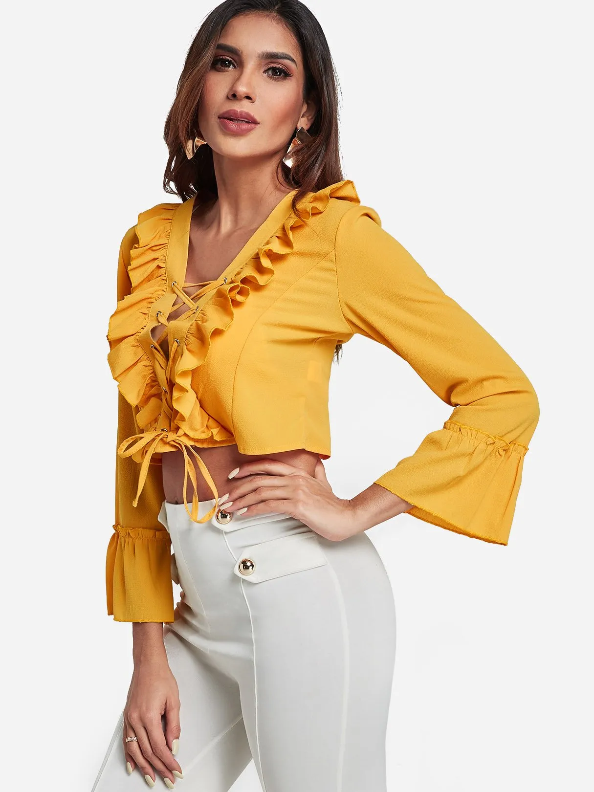 Custom V-Neck Lace-Up Long Sleeve Yellow Blouses