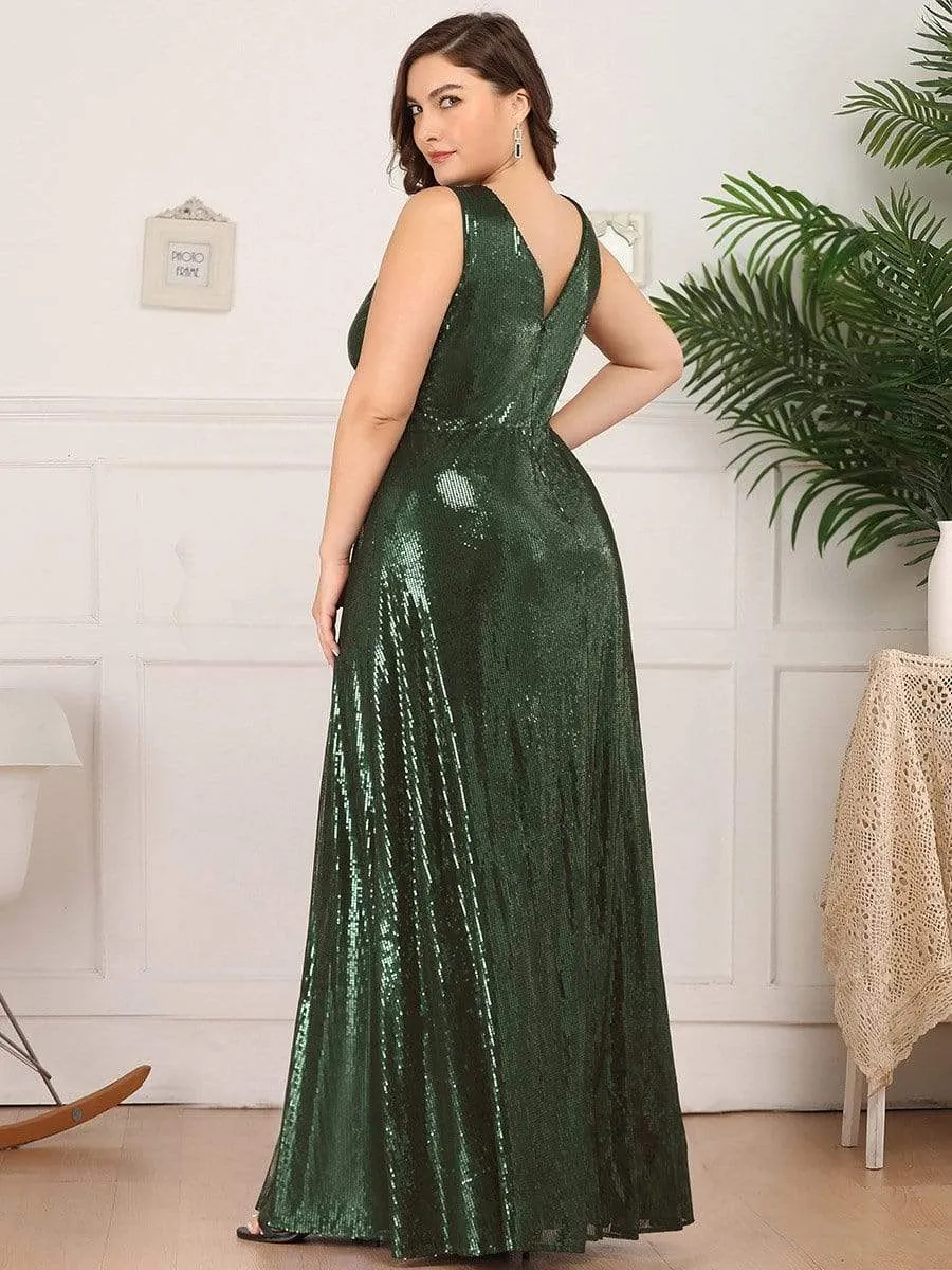 Double V Neck Maxi Long Plus Size Sequin Prom Dress for Women