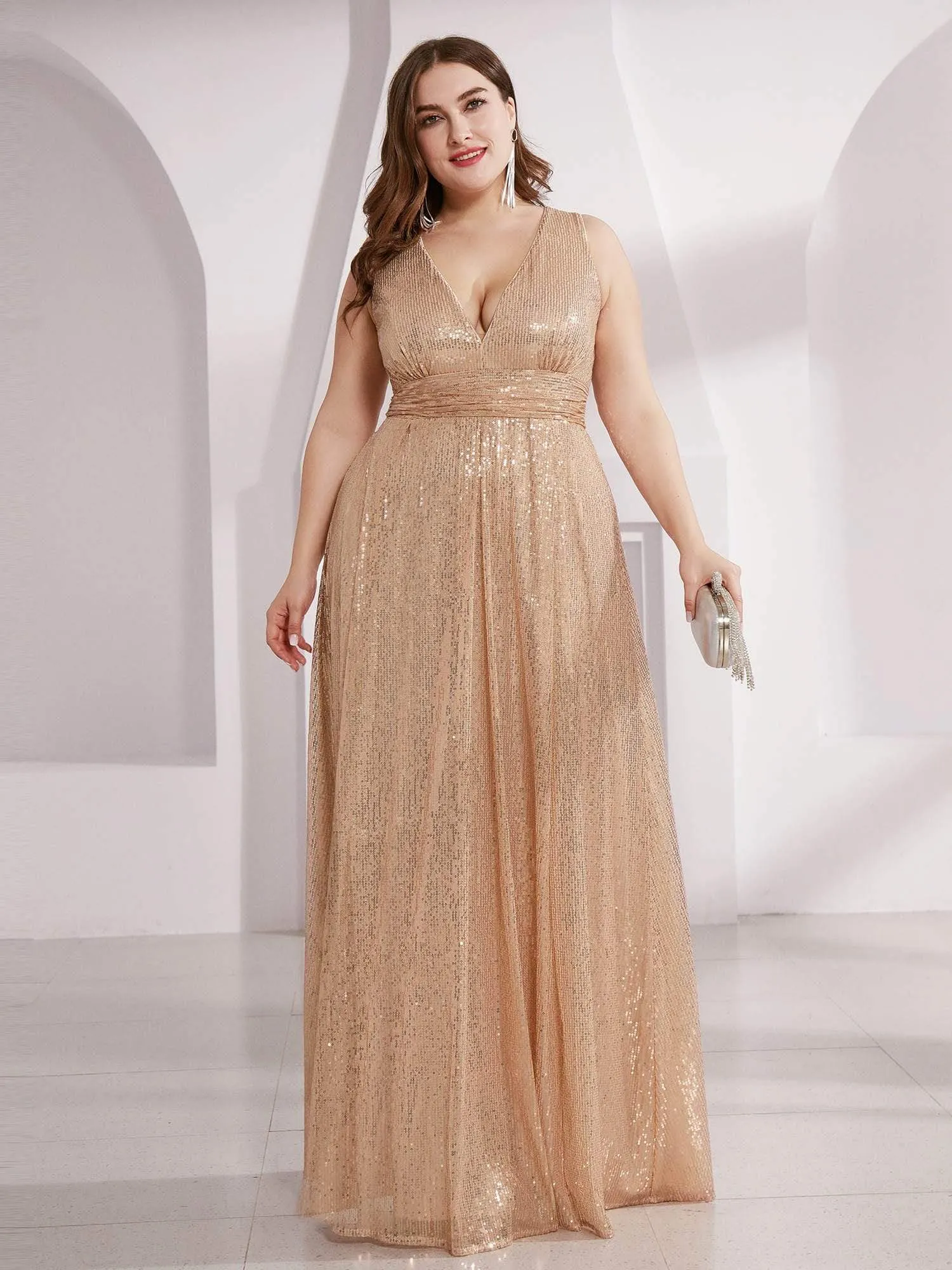 Double V Neck Maxi Long Plus Size Sequin Prom Dress for Women