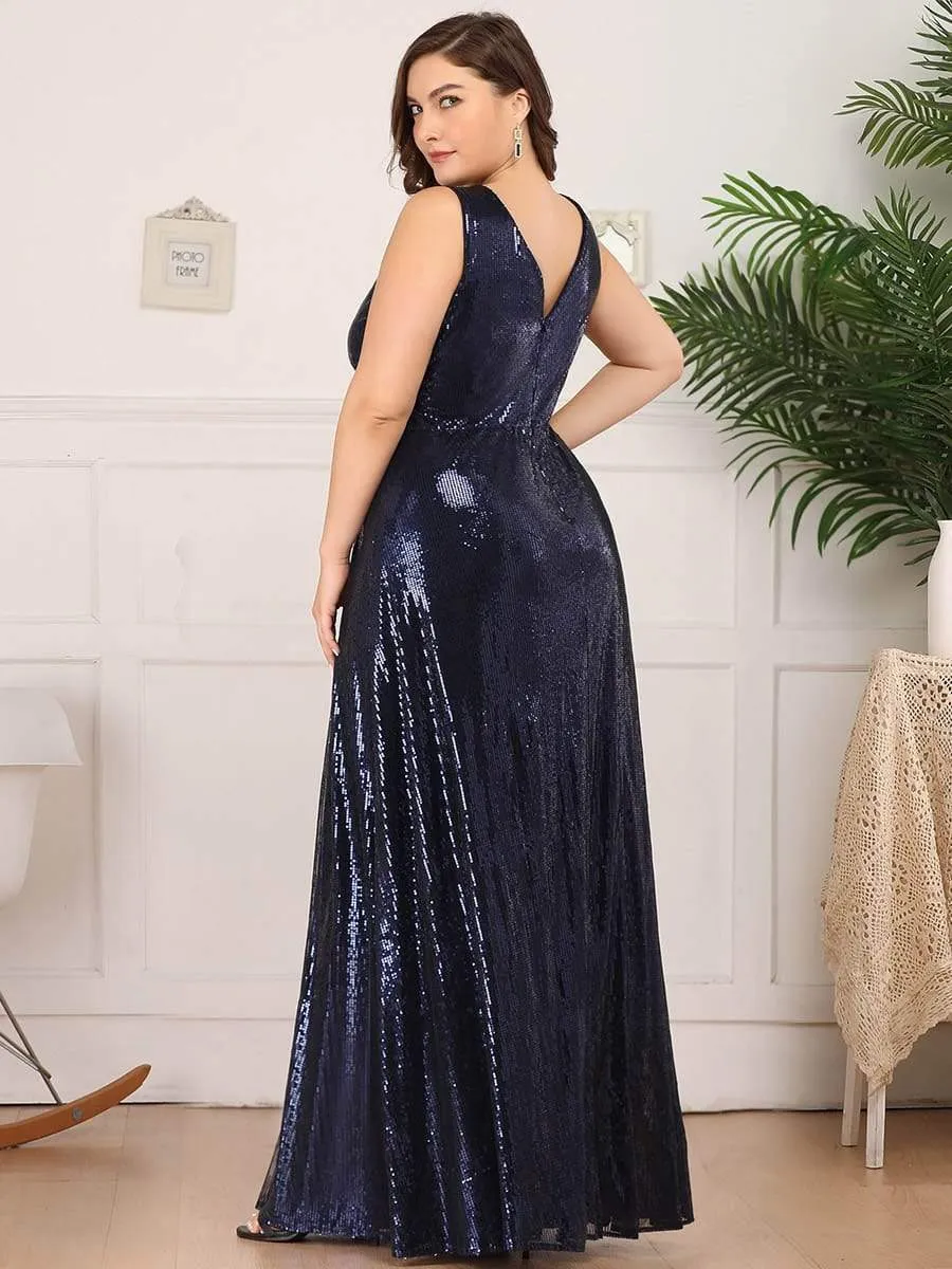 Double V Neck Maxi Long Plus Size Sequin Prom Dress for Women