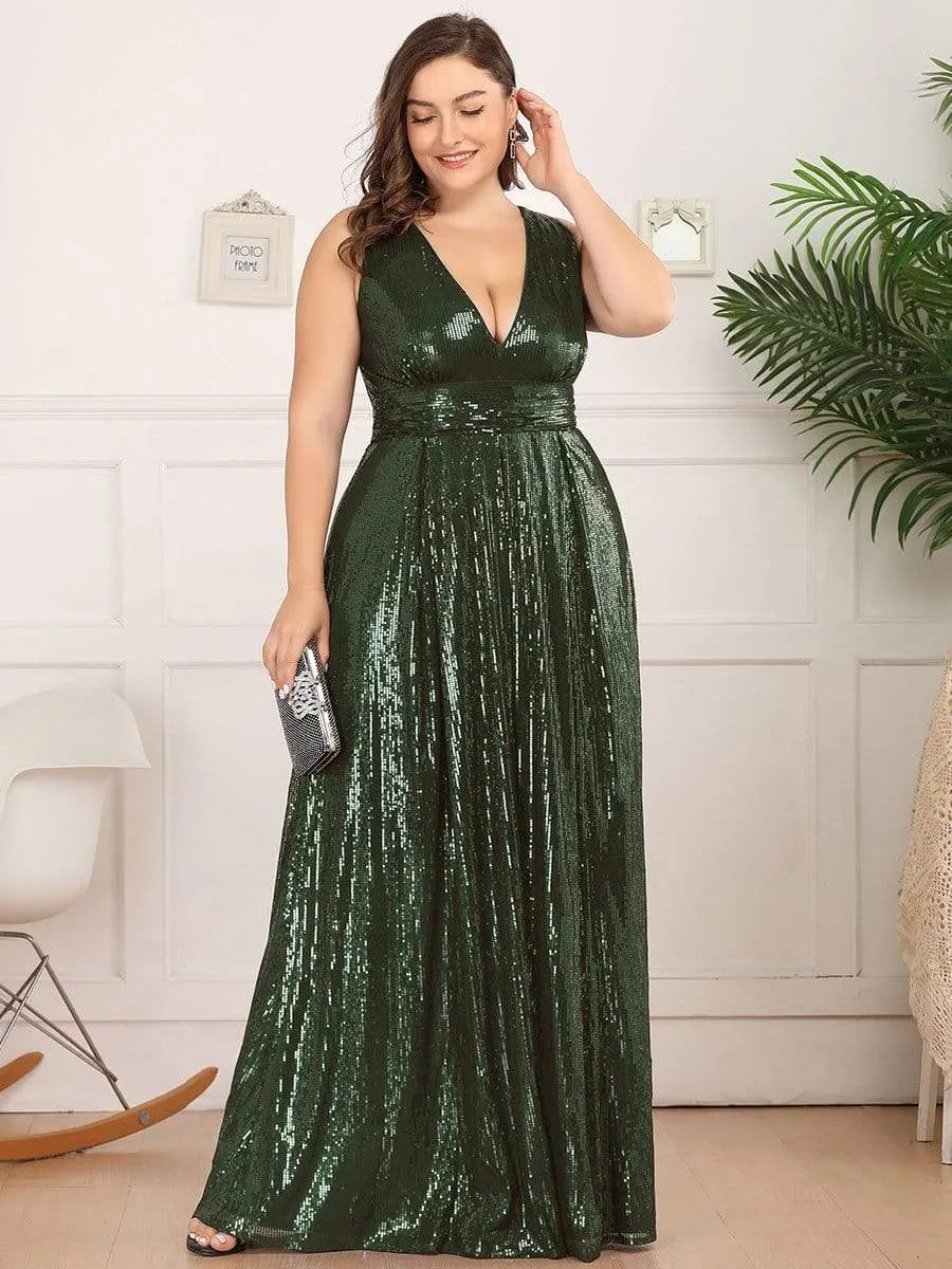 Double V Neck Maxi Long Plus Size Sequin Prom Dress for Women