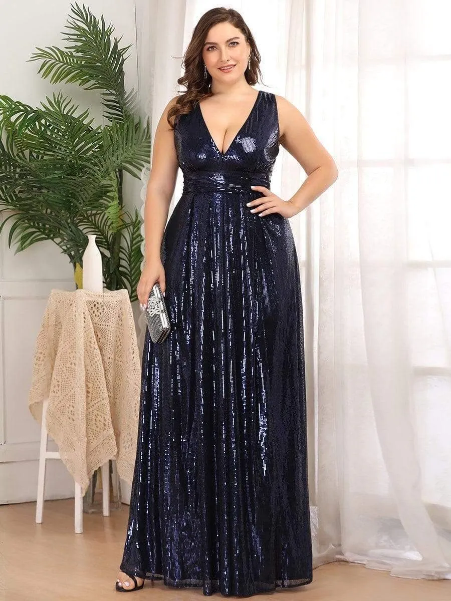 Double V Neck Maxi Long Plus Size Sequin Prom Dress for Women