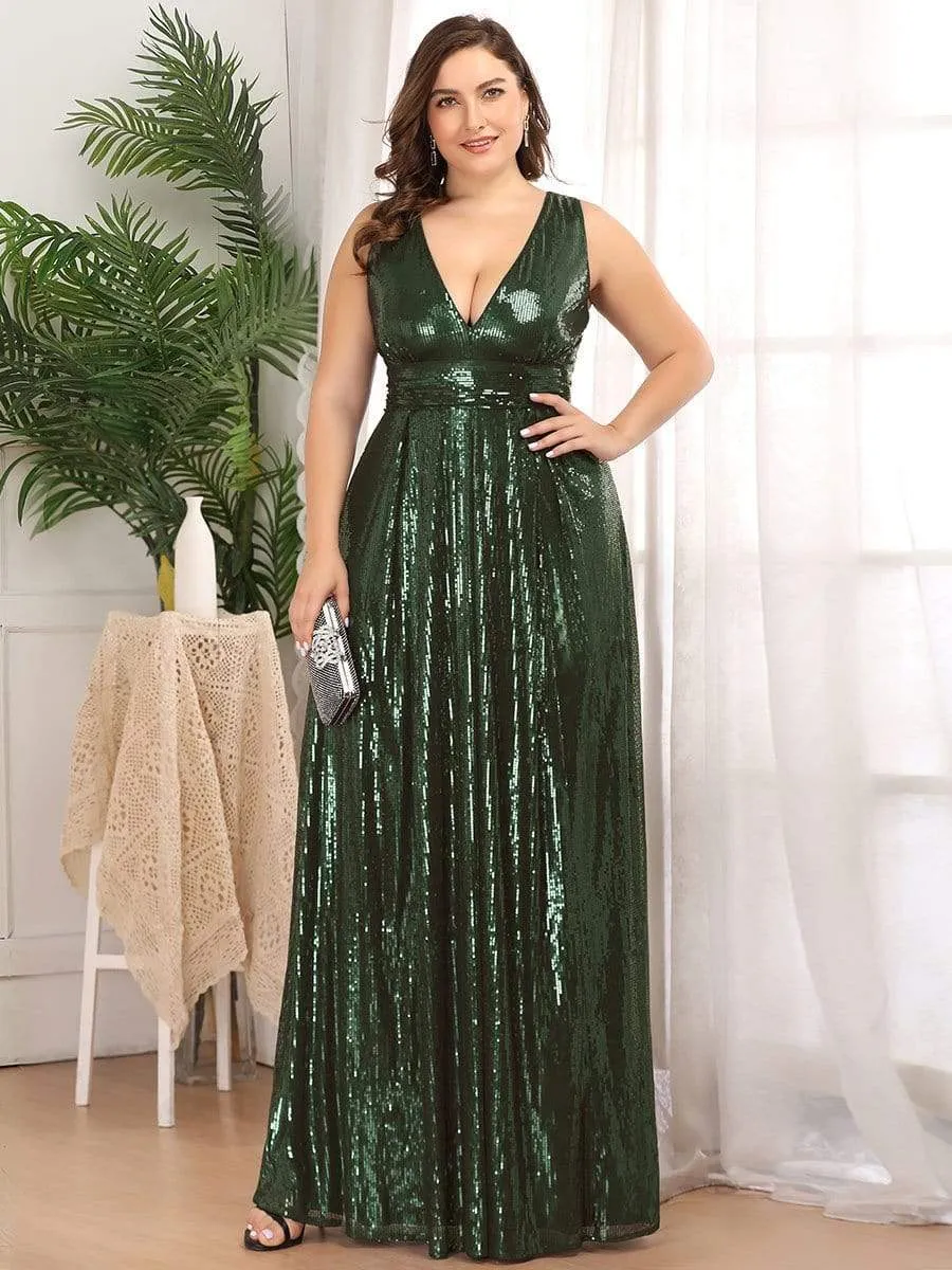 Double V Neck Maxi Long Plus Size Sequin Prom Dress for Women